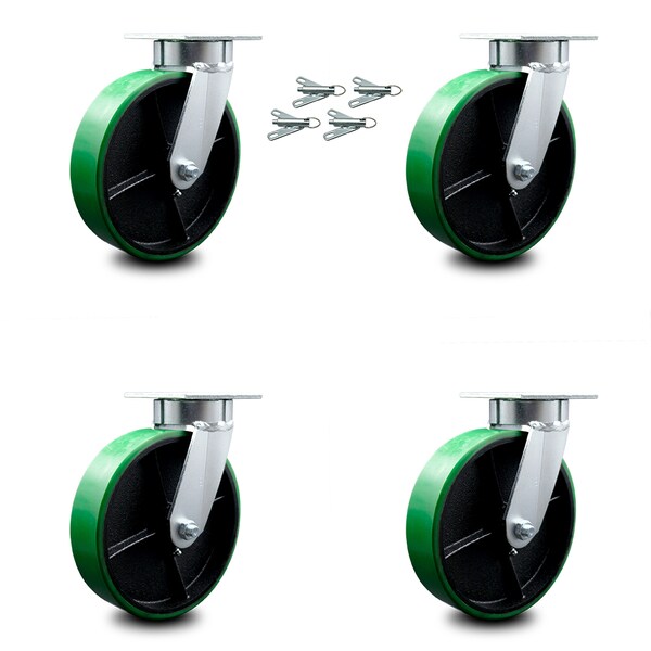 8 Inch Kingpinless Green Poly on Steel Wheel Swivel Caster Set with Swivel Lock